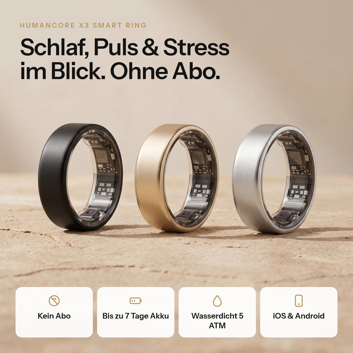 HUMANCORE X3 Smart Ring in Schwarz, Gold und Silber: Schlaf, Puls und Stress im Blick, ohne Abo