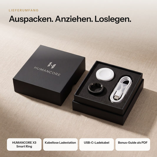 Lieferumfang in der HUMANCORE Box: Smart Ring, kabellose Ladestation, USB-C-Kabel