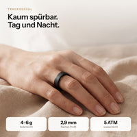 HUMANCORE X3 in Schwarz an der Hand: kaum spürbar, 4–6 g, 2,9 mm flach, wasserdicht 5 ATM