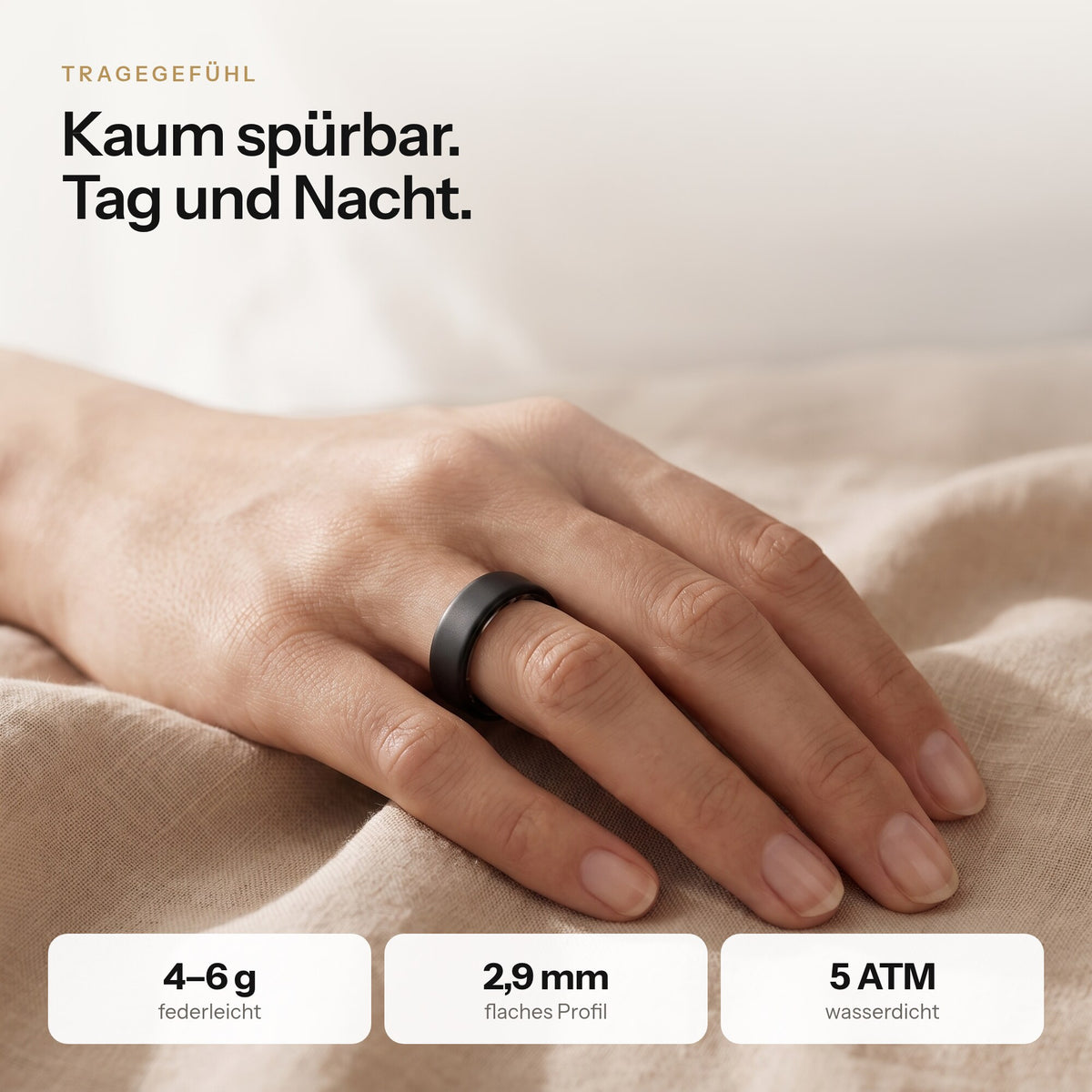 HUMANCORE X3 in Schwarz an der Hand: kaum spürbar, 4–6 g, 2,9 mm flach, wasserdicht 5 ATM