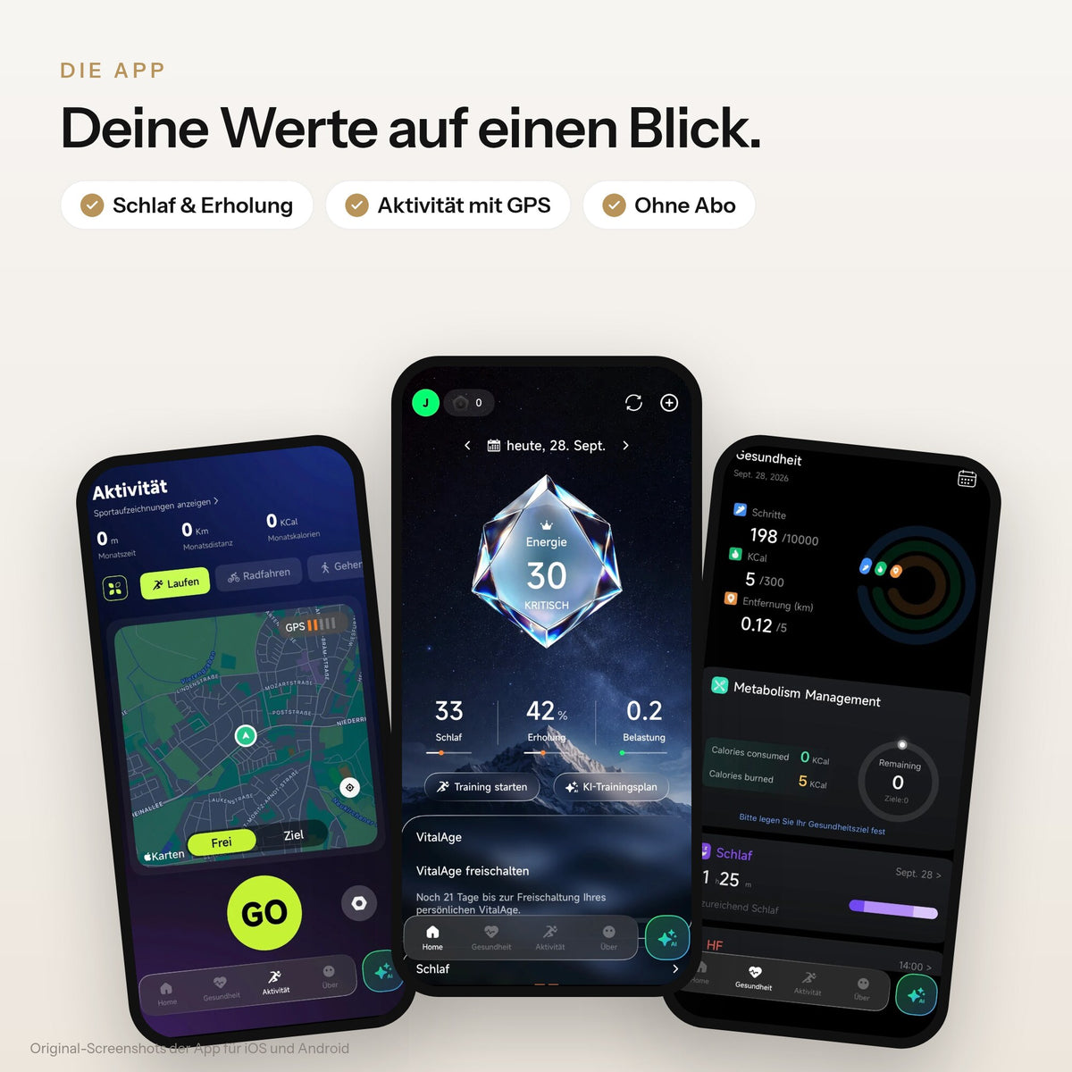 Original-Screenshots der HUMANCORE App: Energie, Schlaf, Aktivität und Gesundheit