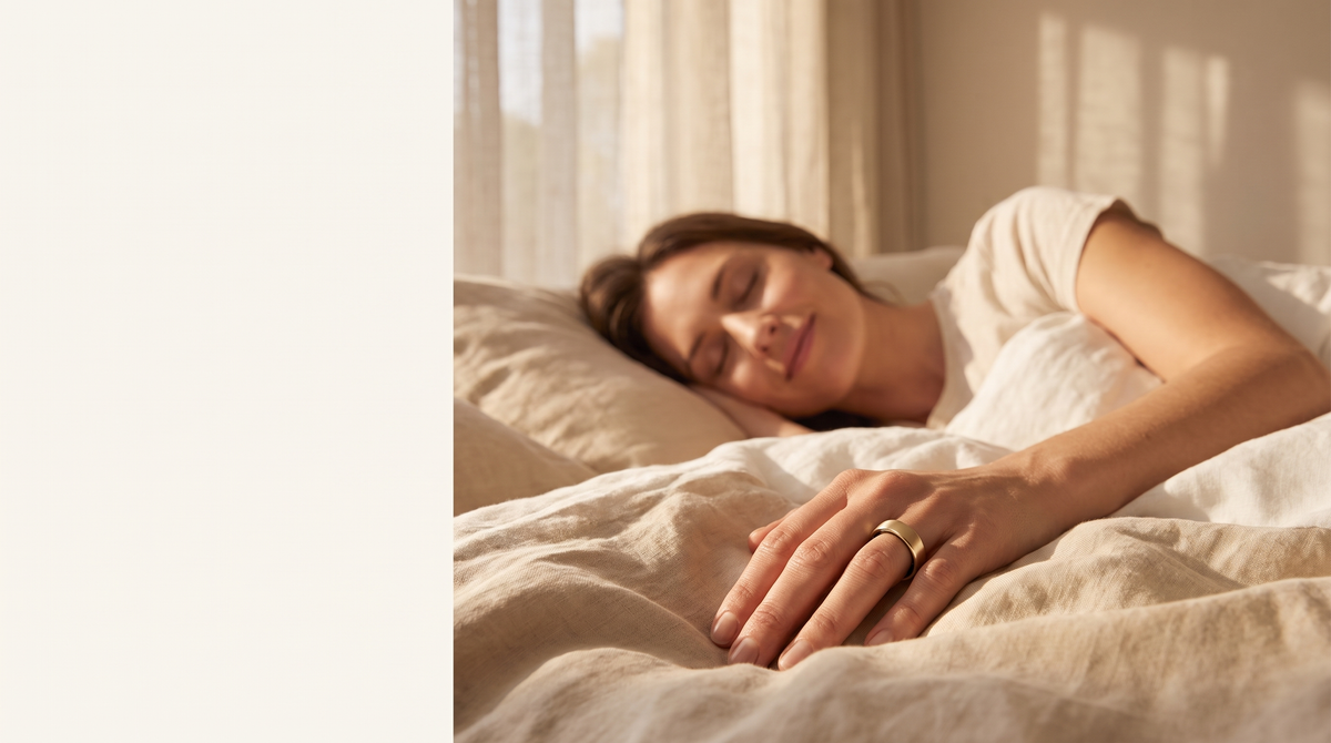 Frau wacht entspannt auf und trägt den HUMANCORE X3 Smart Ring in Gold