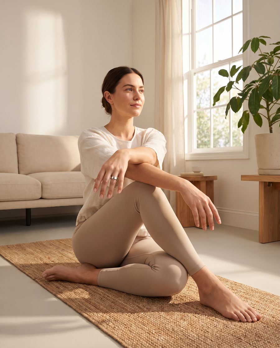 Frau beim Morgen-Stretching mit HUMANCORE X3 in Silber